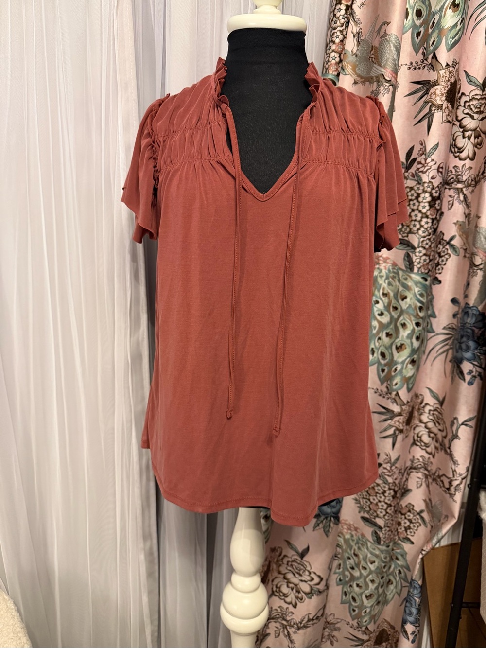 Daytrip Rust Tie-Neck Smocked Yoke Short Sleeve Top
